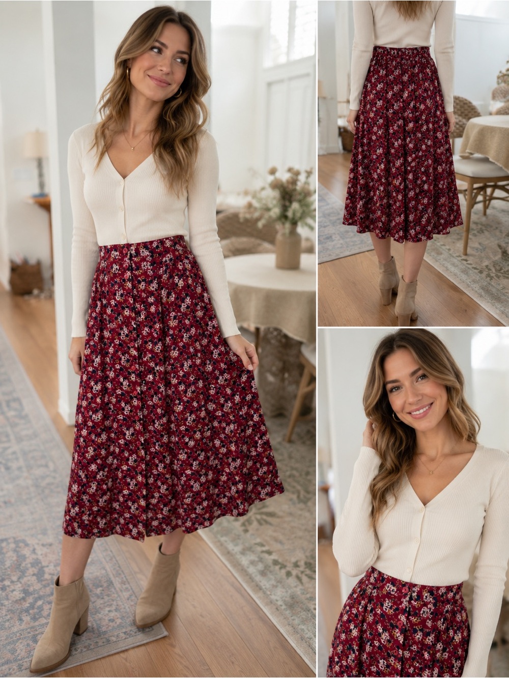 Sag Harbor Burgundy Floral Midi Skirt
